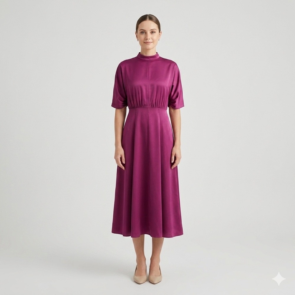 Gal Meets Glam Magenta Satin Mock Neck Midi Dress Short Sleeve Purple Size 2